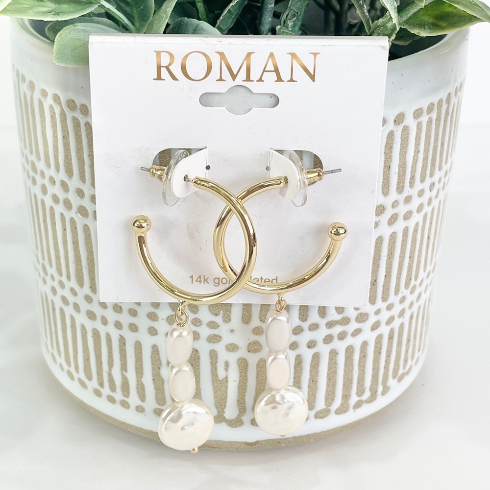 Roman 14 karat gold plated, and pearl earrings